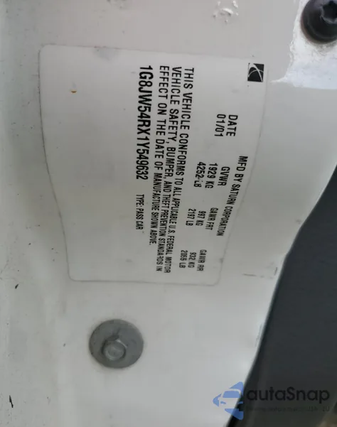 2001 Saturn L300 из США, поврежденный, VIN 1G8JW54RX1Y549632